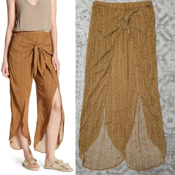 DRESS FORUM Geometric Print Camel Wide Split Leg Pants, Tie Front, 100 Rayon, M - Picture 1 of 13